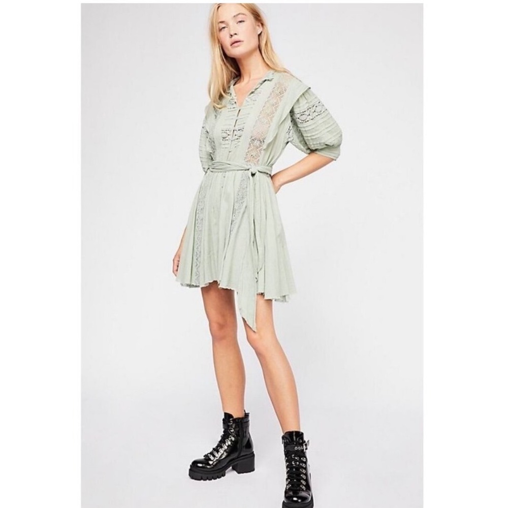 Free People Sydney Mint Green Mini Boho Dress Lace Button Front Balloon Sleeve M - Picture 5 of 10